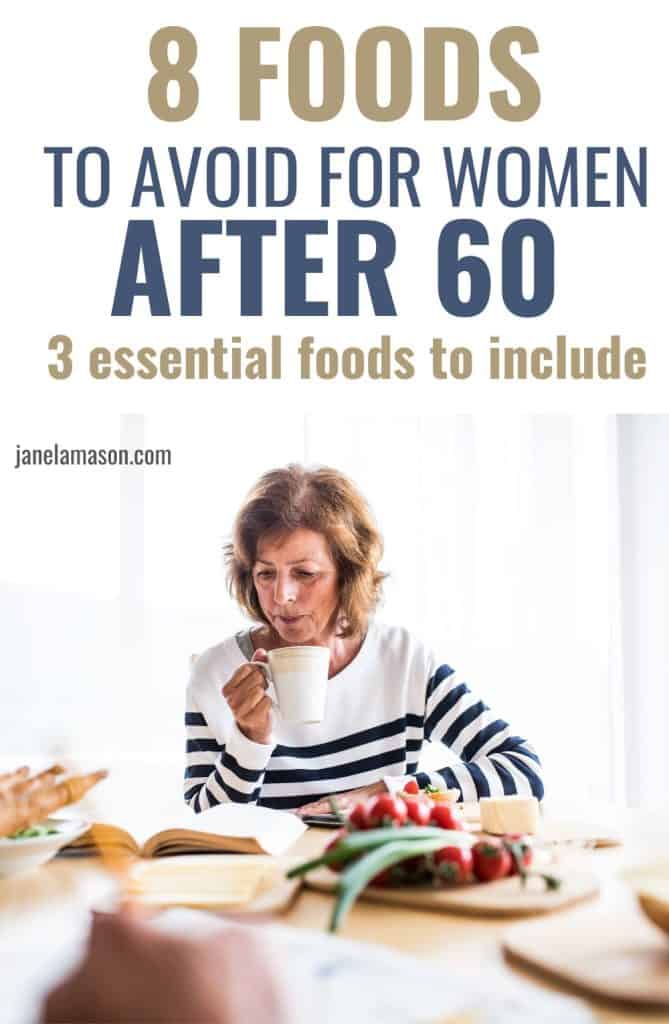 a pin showing a woman over 60 with healthy food